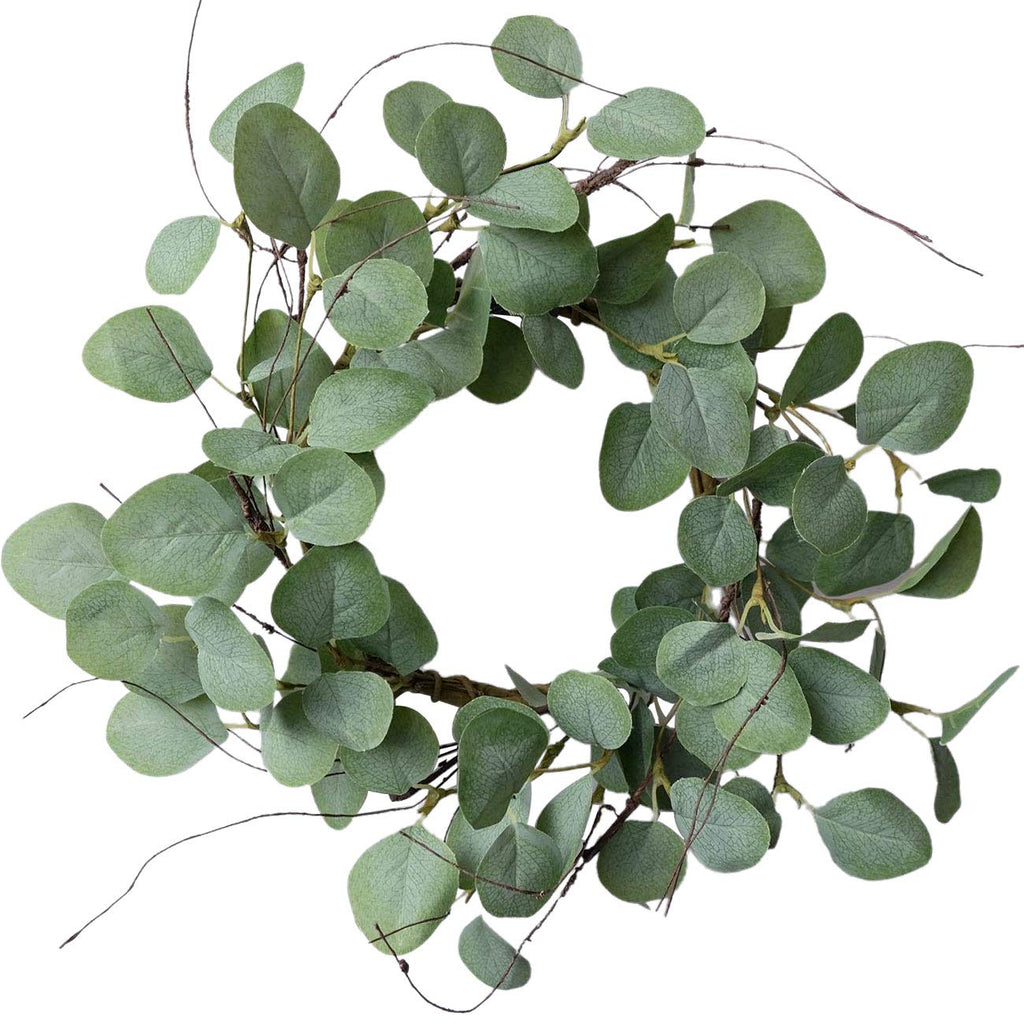 NewNest Australia - idyllic Eucalyptus Leaves Wreath Metal Polyester Fabric Paper Round Green Wreath 16 Inches for The Front Door Décor, 1 Pack 