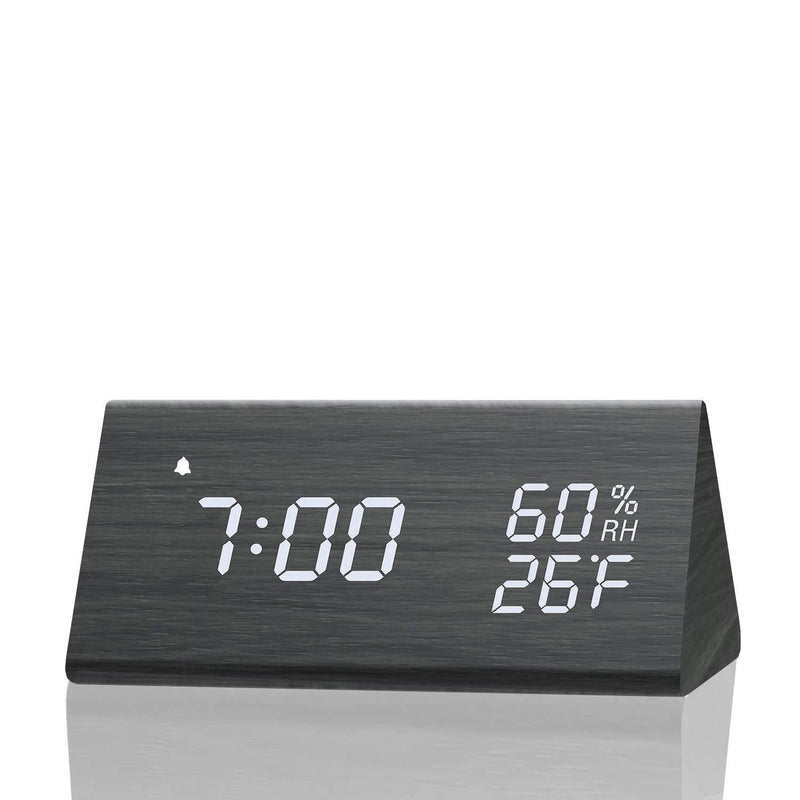 NewNest Australia - Digital Alarm Clock, with Wooden Electronic LED Time Display, 3 Alarm Settings, Humidity & Temperature Detect, Wood Made Electric Clocks for Bedroom, Bedside, Black 