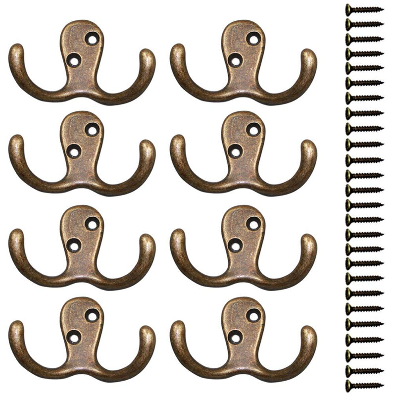 NewNest Australia - Coat Hooks Double Prong Wall Hanger Mounted with 25 Screws 35 LB Utility Hooks Heavy Duty Towel Hooks Retro Double Hooks for Coat, Scarf, Bag, Towel, Key, Cap, Cup 8 Pack Bronze 