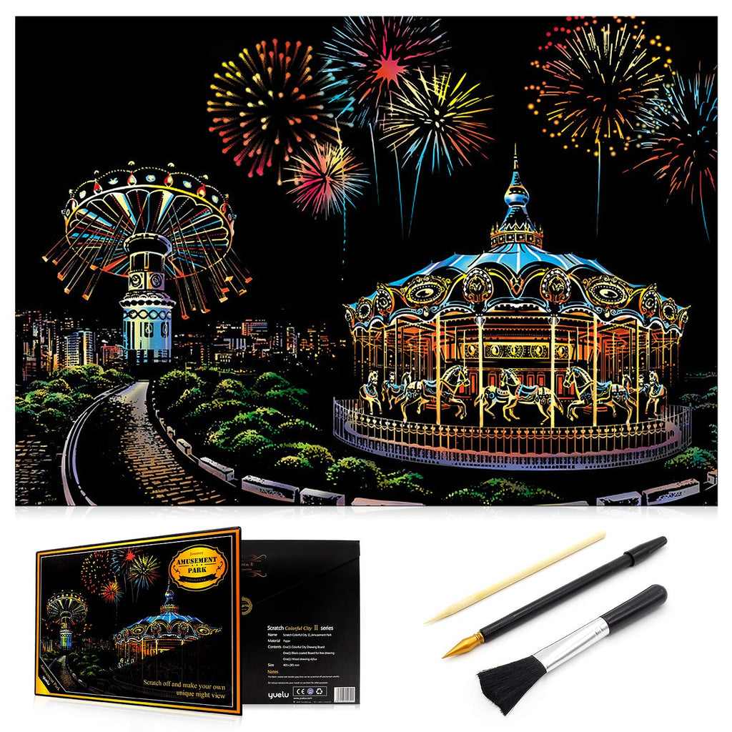 Scratch Art Rainbow Painting Paper, Sketch Pad DIY Night View Scratchboard for Kids & Adults, Engraving Art & Craft Set, Scratch Painting Creative Gift, 16'' x 11.2'' with 3 Tools (Amusement Park) Amusement Park - NewNest Australia