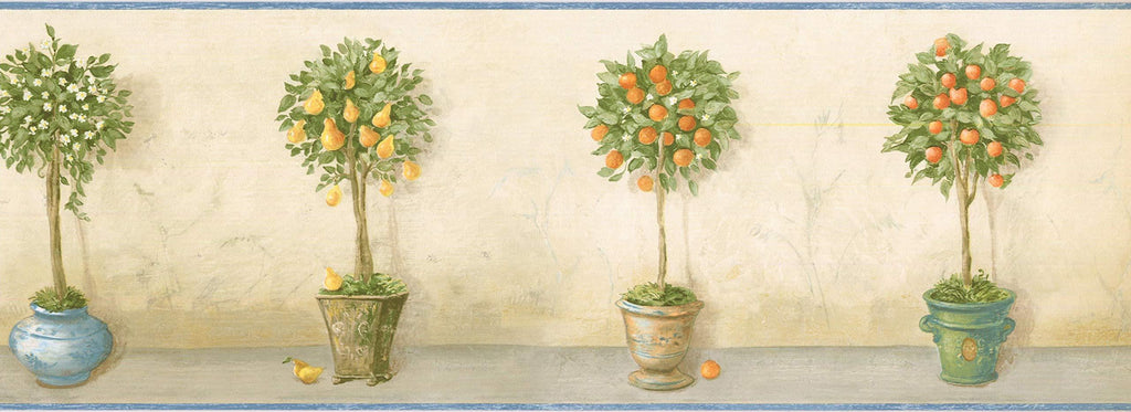 Concord Wallcoverings Classic Fruit Trees Wallpaper Border Featuring Pears andOranges Plants in Pots, Colors Green Yellow Beige Blue, Size 7 Inches by 15 Feet KC78047 - NewNest Australia