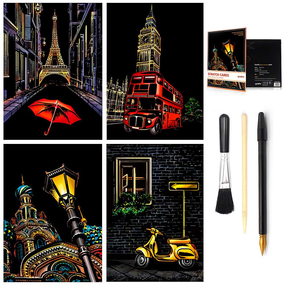 Scratch&Sketch Art Paper(A4) for Kids&Adults, Rainbow Painting Night View Scratchboard, Art&Craft, Engraving Art Set: 4 Scratch Cards & Scratch Drawing Pen, Clean Brush (Street Corner) Street Corner - NewNest Australia