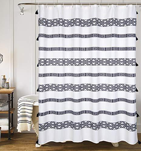 YoKii Tassel Fabric Shower Curtain, Black and Cream Stripe Print Boho Polyester Bath Curtain Set with Hooks, Decorative Spa Hotel Heavy Weighted 72-Inch Bathroom Curtains, (72 x 72, Black and Cream) 72 x 72 - NewNest Australia