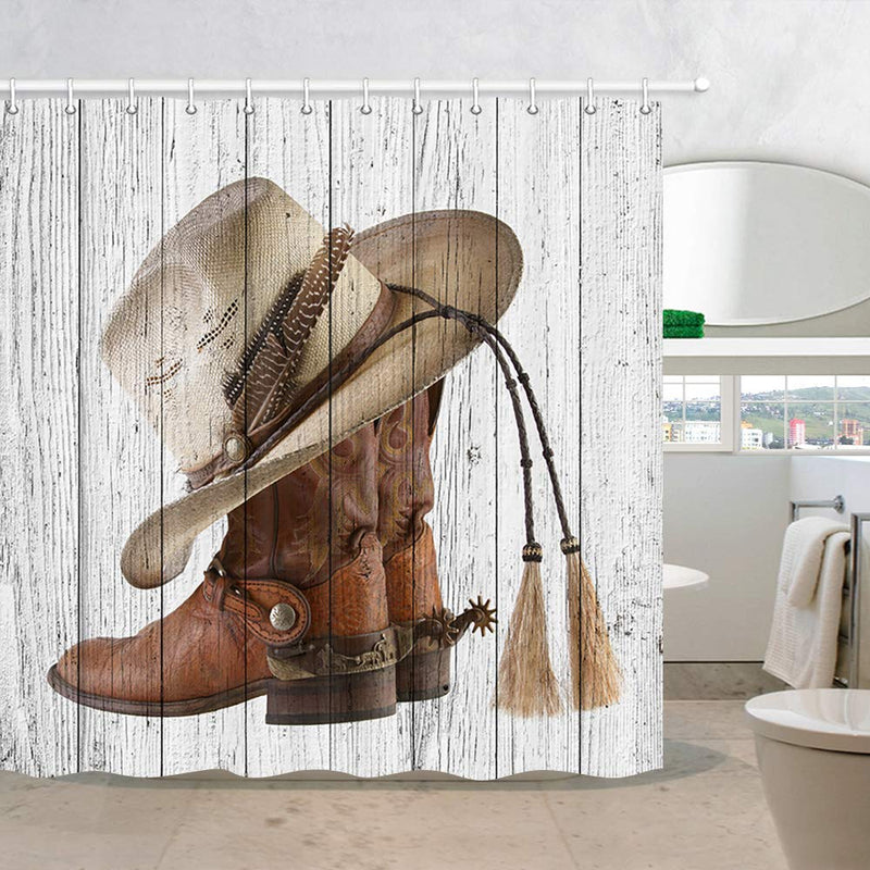 NYMB Western Cowboy Boots Fabric Shower Curtain with Hooks, 3D Digital Printing American Country Farm House Rustic Grey Wooden Barn Door Polyester Bath Curtain, Fabric Bathroom Set Decor, 69X70in - NewNest Australia