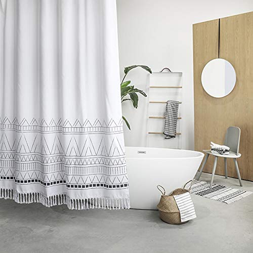 YoKii Tassel Fabric Shower Curtain, Black White Geometric Boho Striped Nordic Chic Polyester Bath Curtain Set with Hooks, Decorative Heavy Weighted 72-Inch Bathroom Curtains, (72 x 72, White) - NewNest Australia