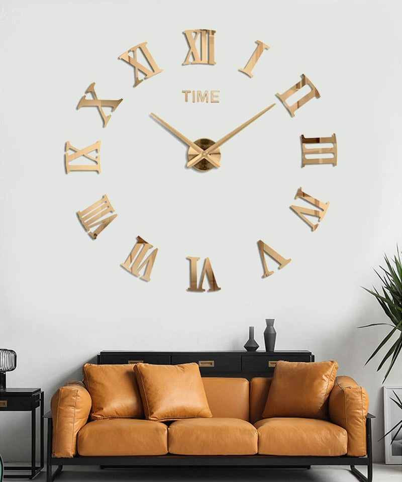 NewNest Australia - SIEMOO Large DIY Wall Clock Kit, 3D Frameless Wall Clock with Mirror Number Stickers for Home Living Room Bedroom Office Decoration-Gold Gold 