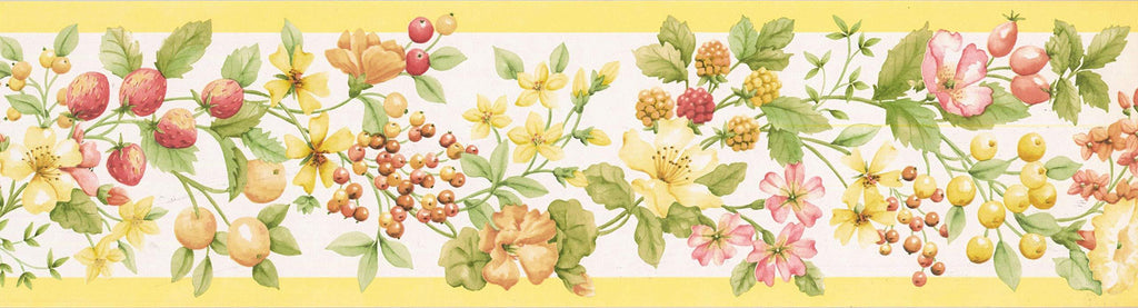 Concord Wallcoverings Golden Garden Wallpaper Border Featuring Flowers Wild Berries and Strawberries, Colors Yellow Green Pink Red, Size 5.25 Inches by 15 Feet KT77905 - NewNest Australia