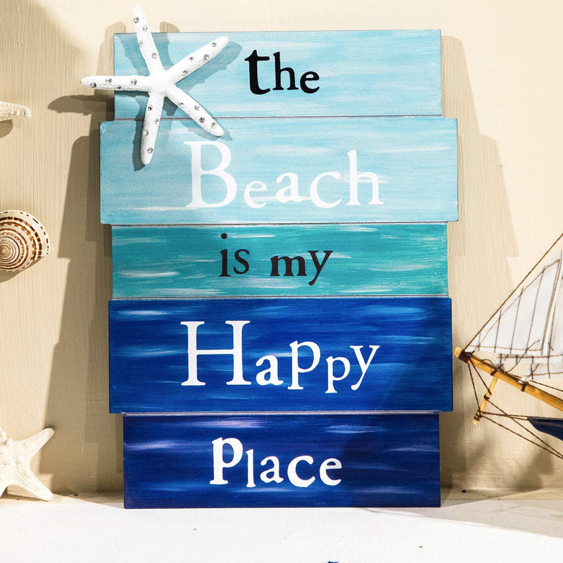 NewNest Australia - Honoson Wooden Beach Plaque Door Wall Plaque Decor with Diamond-Studded Starfish The Beach is My Happy Place Wooden Wall Decorative Sign 