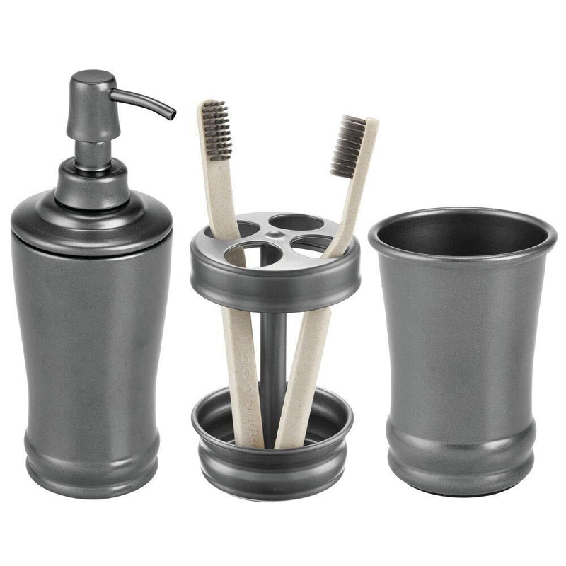 mDesign Metal Bathroom Vanity Countertop Accessory Set - Includes Refillable Soap Dispenser, Divided Toothbrush Stand, Tumbler Rinsing Cup - 3 Pieces - Graphite Gray - NewNest Australia