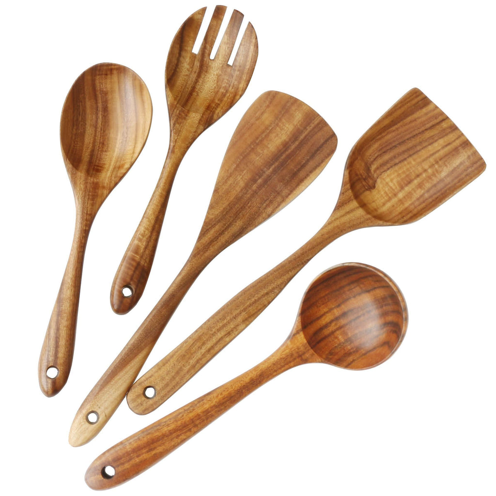 NewNest Australia - Wooden Spoons for Cooking, ADLORYEA Wood Utensils Set for Nonstick Cookware, 100% Handmade by Natural Teak Wood Without Any Painting 