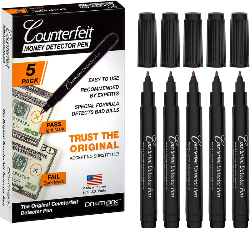 Dri Mark CFD5PK Counterfeit Bill Detector Marker Pen, Made in The USA, 3 Times More Ink, Pocket Size, Fake Money Checker - Money Loss Prevention Tester & Fraud Protection for U.S. Currency (Pack of 5) 5 Pack Pocket Size - NewNest Australia