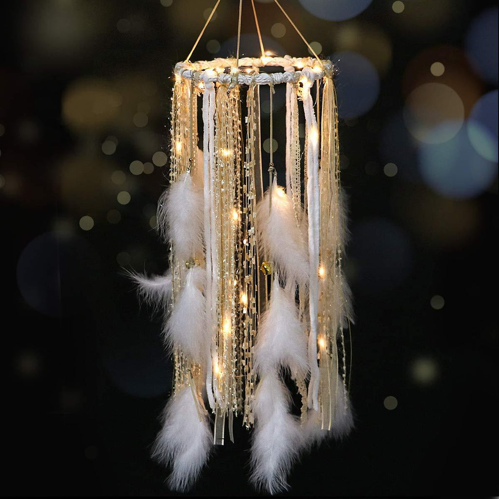 NewNest Australia - Dream Catcher Mobile Large Light Up Dream Catchers with Golden Shining Lace& Bells LED Fairy Lights Battery Powered Hanging Ornaments- 7.9Wx 22L Inches Feathers Wedding Boho Decorations Nursery Decor 