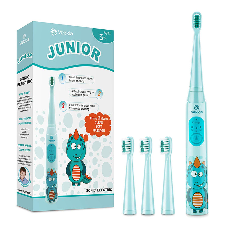Vekkia Dragon Lord Sonic Rechargeable Kids Electric Toothbrush, 3 Modes with Memory, Fun & Easy Cleaning, 31000 Strokes, IPX7 Waterproof, 2-Min Timer for Age 3+, 4 Soft Bristles Blue | Dragon - NewNest Australia