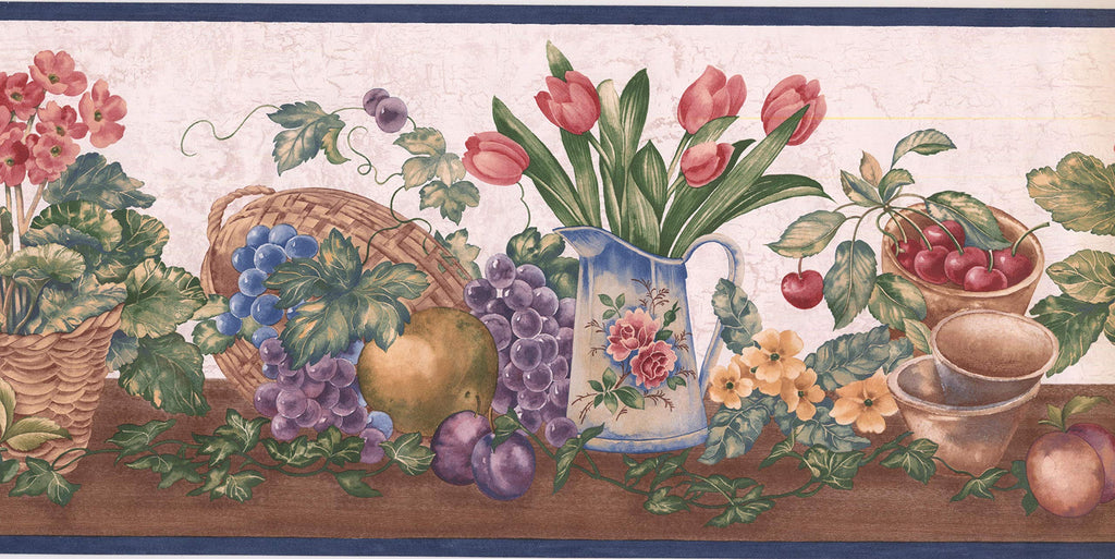 Concord Wallcoverings Garden Wallpaper Border Featuring Pots Tulips Cherries Grapes Leaves, Colors Red Purple Pink Blue, Size 9.5 Inches by 15 Feet ZK60182B - NewNest Australia