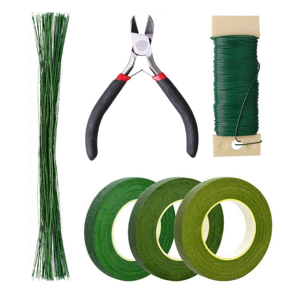 Pengxiaomei Floral Arrangement Kit, Floral Tape and Floral Wire with Cutter,Green Floral Tape 22 Guage Floral Stem Wire 26 Gauge Green Floral Wire for Bouquet Stem Wrap Florist, Wreath Making Supplies Green A - NewNest Australia