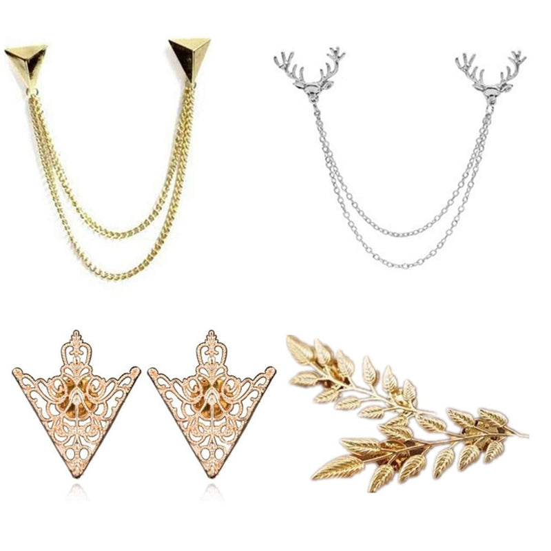 YouU 4 Pcs Deer Head Double Link Chains, Gold Stud, Retro Hollow Pattern and Angle Triangle Tassels Collar Pins Brooch Clip Pin Brooches Shirt Collar Decoration Parts with Free Box - NewNest Australia