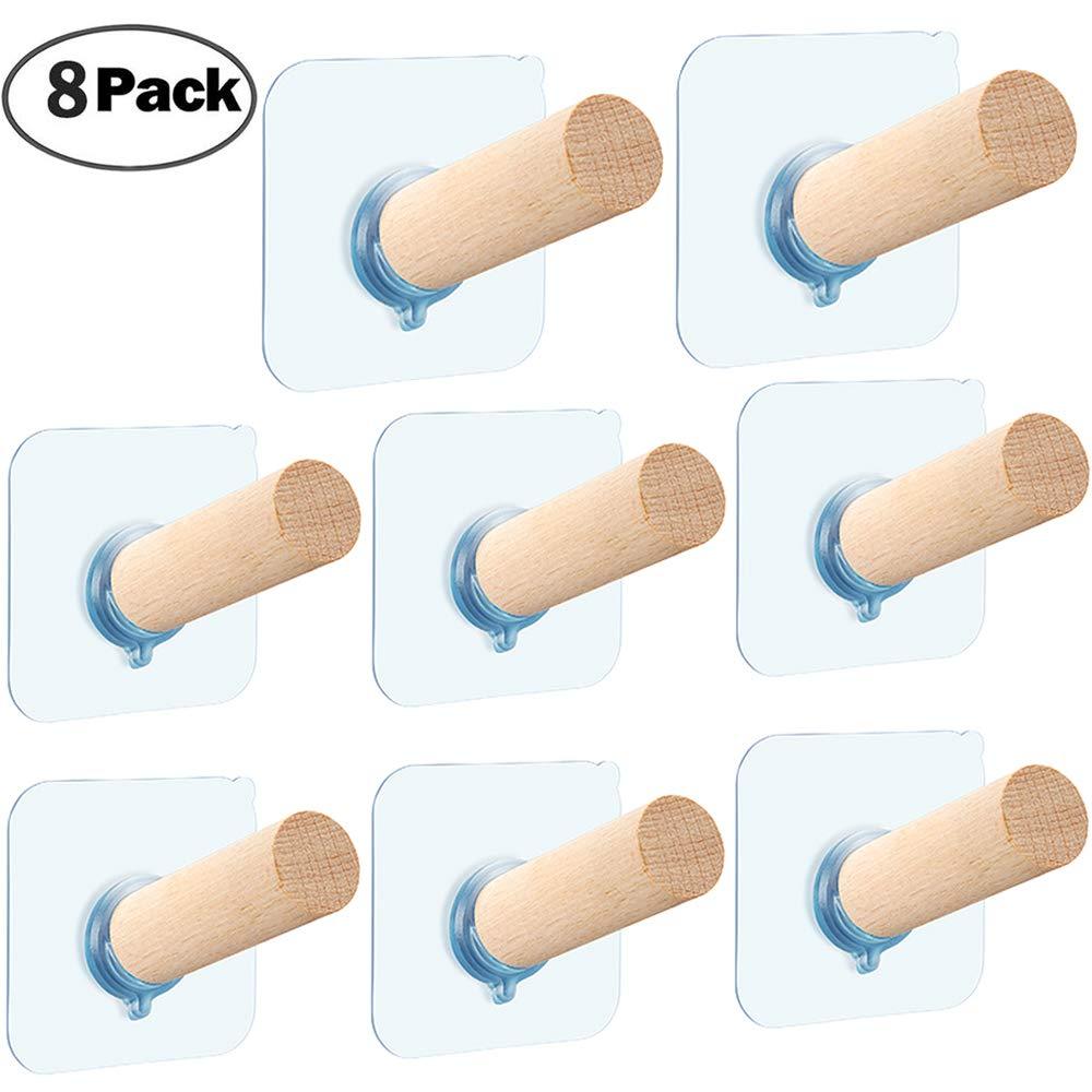 NewNest Australia - Adhesive Hooks Hat Hooks for Wall Natural Extended Wooden Pegs Handmade Craft Wood Hooks Hanger- Bathroom Door Cloest Entryway Wardrobe-8 Pack Adhesive Hat hooks 