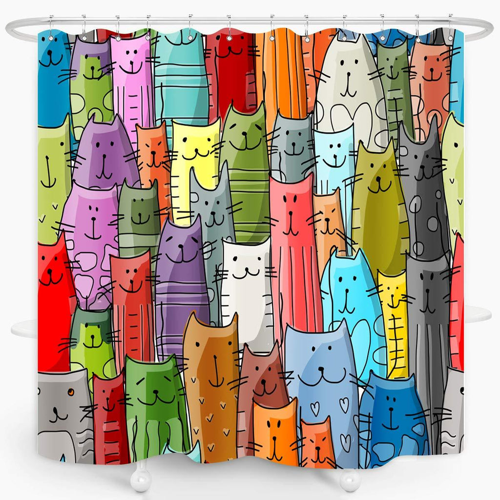 Cat Shower Curtain Colorful Kitten Cartoon Kitty for Kids Cat Lovers Funny Animal Lovely Pussy Waterproof Fabric Bathroom Decor Set 72x72 Inch Plastic Hooks 12 Pack - NewNest Australia