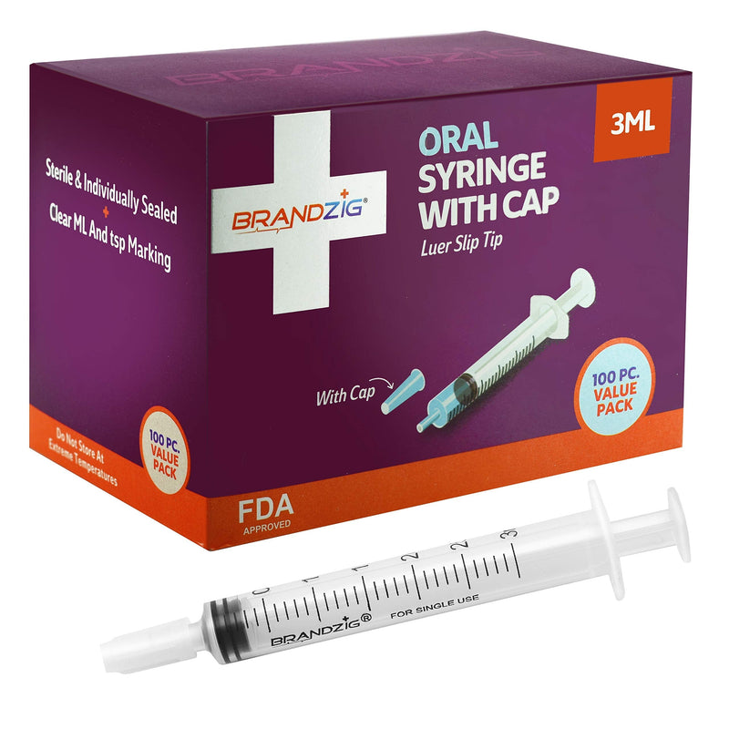 3ml Syringe with Cap (100 Pack) | Oral Dispenser Without Needle, Luer Slip Tip | Individually Wrapped Medicine Dropper for Infants & Pets - NewNest Australia
