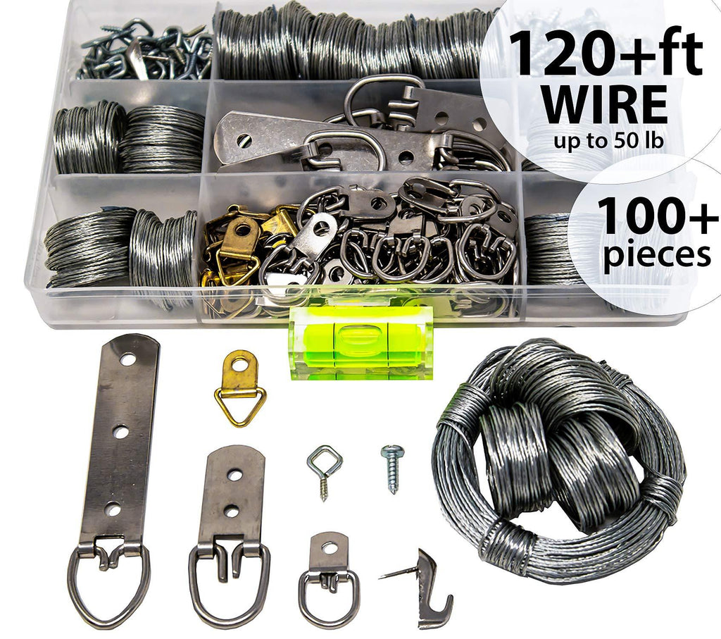 NewNest Australia - Picture Wire Hanging Kit 100+ Pieces - D-Ring, Screws, Hanging Hooks,Level. Supports up to 50 lbs (120 Feet) Stainless Steel Wire Hanger | Comes with Solid Box 