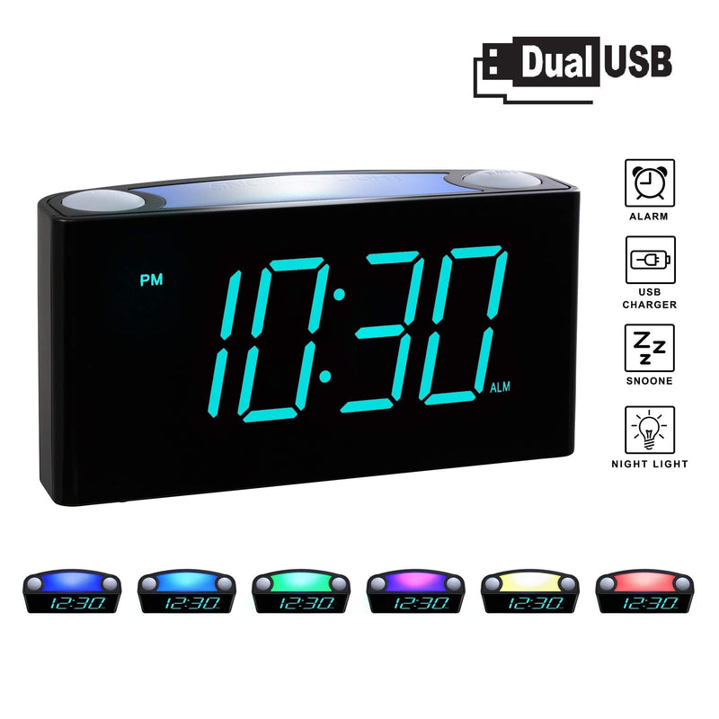 NewNest Australia - Rocam Digital Alarm Clock for Bedrooms - Large 6.5" LED Display with Dimmer, Snooze, 7 Color Night Light, Easy to Set, USB Chargers, Battery Backup, 12/24 Hour for Kids, Heavy Sleepers, Elderly (Blue) Blue 