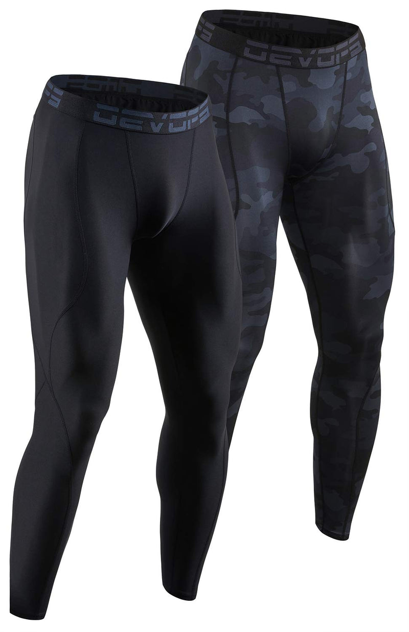 DEVOPS 2 Pack Men's Compression Pants Athletic Leggings with Pocket/Non-Pocket X-Large 1# (Basic) - Black / Camo Black - NewNest Australia