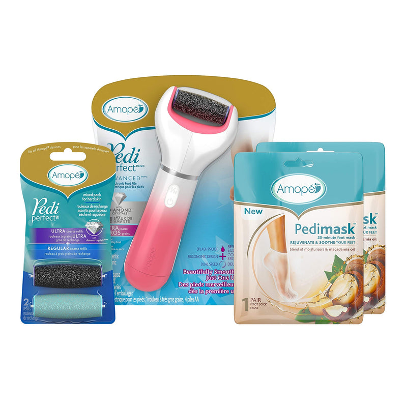 Amope Pedi Perfect Spa Experience Pampering Pack containing an electronic foot file, 2 pairs of macadamia oil foot masks and 2 refills (Packaging May Vary) 2 Count (Pack of 1) - NewNest Australia