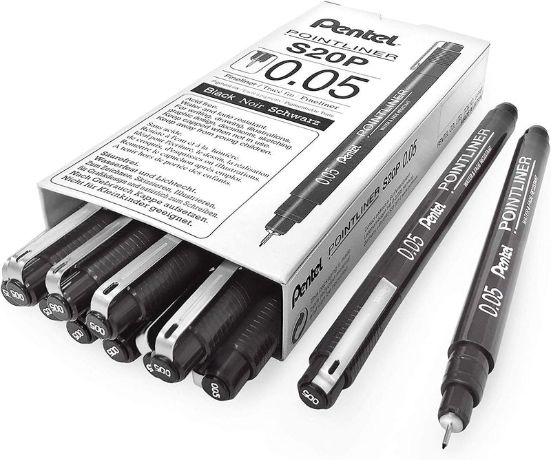 Pentel Arts Pointliner Drawing Pen, 0.05mm, Black Ink, Box of 12 Pens (S20P-05A) - NewNest Australia