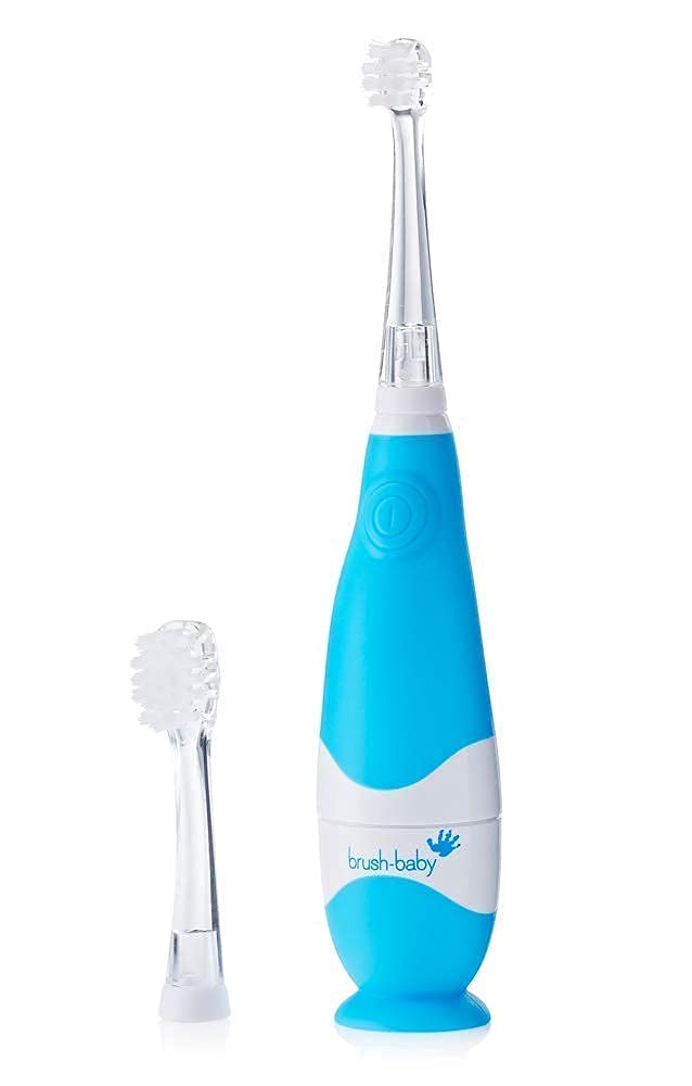 Brush Baby BabySonic Infant and Toddler Electric Toothbrush for Ages 0-3 Years - Smart LED Timer and Gentle Vibration Provide a Fun Brushing Experience - Includes 2 Sensitive Brush Heads (Blue) Blue - NewNest Australia
