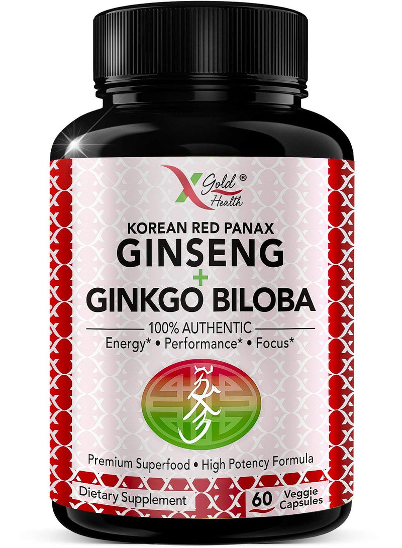 Korean Red Panax Ginseng 1200mg + Ginkgo Biloba - Extra Strength Root Extract Powder Supplement w/High Ginsenosides Vegan Capsules for Energy, Performance & Focus Pills for Men & Women 60 Count (Pack of 1) - NewNest Australia