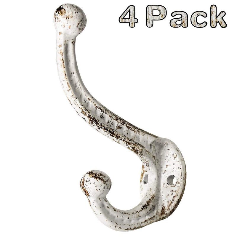NewNest Australia - Cast Iron Coat Hooks Set of 4 Rustic White Farmhouse Decorative Wall Mounted Double Hooks for Coats Bags Towels Heavy Pans (Rustic White) 