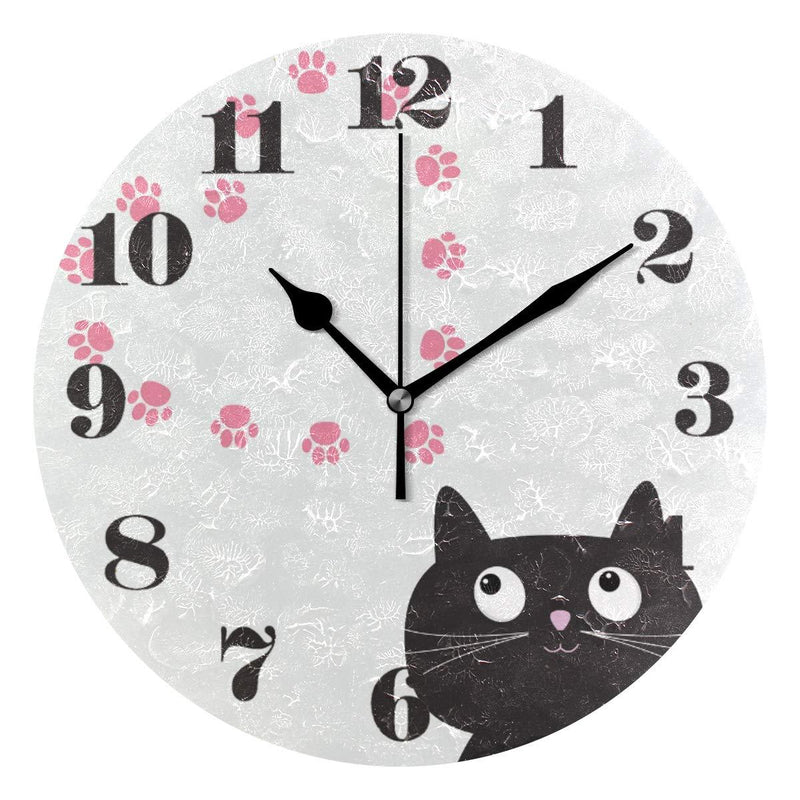 NewNest Australia - senya Wall Clock Silent Non Ticking, Round Cat and Paw Print Art Clock for Home Bedroom Office Easy to Read Pattern 1 