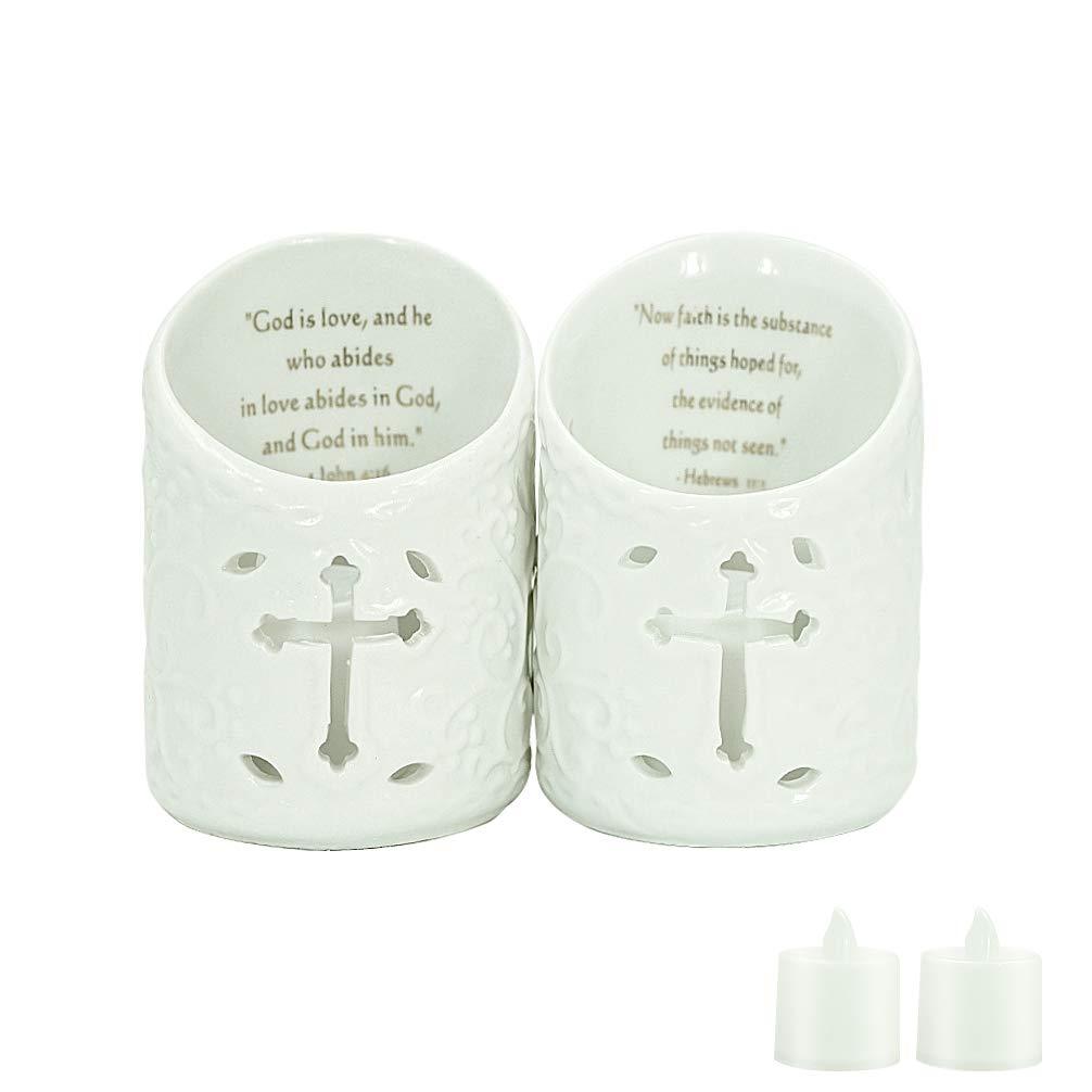 NewNest Australia - DreamsEden Set of 2 Ceramic Christian Cross Tealight Candle Holder with Bible Verses Include Flickering LED Flameless Tea Light Candles for Wedding and Home Decor Led Tealight, White 