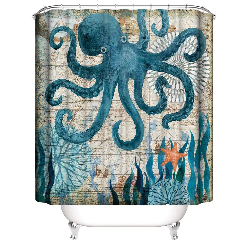 Muuyi Octopus Shower Curtain Kraken Shower Curtain - Funny Shower Curtains for Bathroom - Octopus with Ship Sail Old Boat in Ocean Waves, Cloth Fabric Bathroom Decor Set with Hooks, 72 x 72 Inches - NewNest Australia