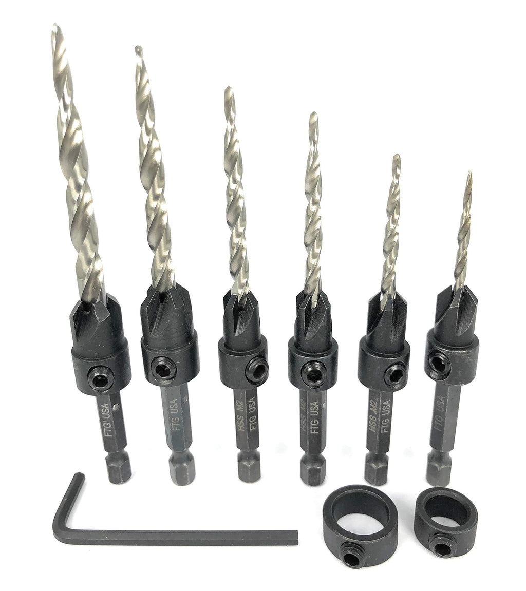 FTG USA Maximum Torque Master Set 6 Sizes #4, 6, 8, 10, 12, 14 Adjustable Wood Countersink Drill Bit Set with Woodworking HSS Tapered Bits Secured with Pin and Hex Wrench (1/8" Allen Key) Included with 2 Adjustable Depth Stop Collars 3/8" and 1/2" - NewNest Australia