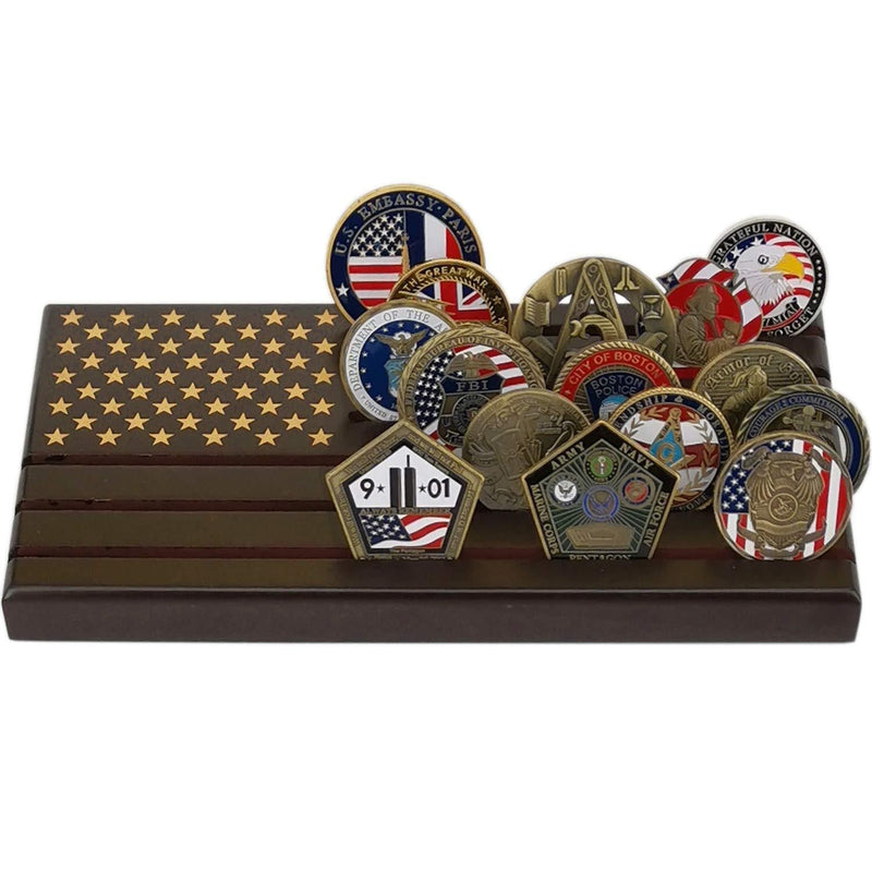 NewNest Australia - LZWIN 6 Rows Coin Holder, US Army Military Collectible Challenge Coin Display Case American Flag Wood Stand, Holds 24-30 Coins 