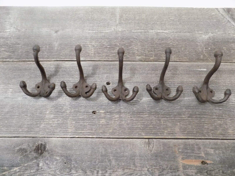 NewNest Australia - 5 Rustic Coat Hooks Cast Iron Double Wall Hooks 3 1/2" Long for Hats, Towel, School Hooks, Hall Trees, Entry Ways, Mud Rooms, Dog Leashes, Purses, Crafts, or Restoration, Vintage Style 