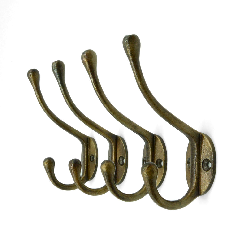 NewNest Australia - Vintage Cast Iron Wall Hooks (Antique Brass Finish, Set of 4) - Rustic, Farmhouse Coat Hooks | Great for Coats, Bags, Towels, Hats | Classic Slender Antique Brass 