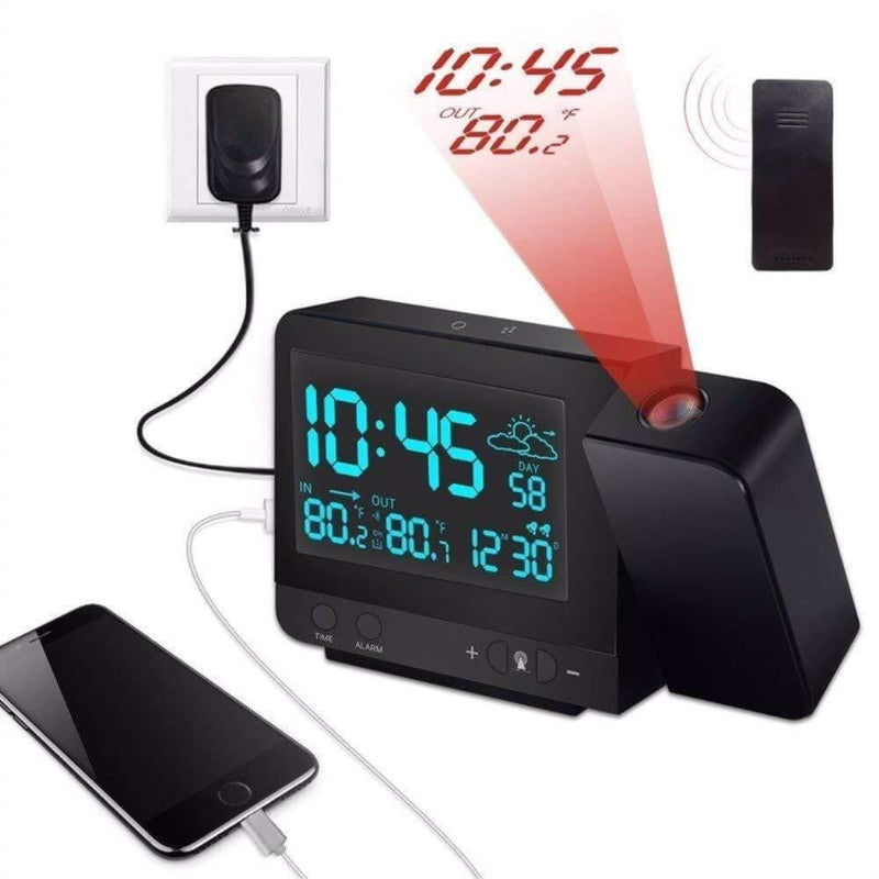 NewNest Australia - Dr. Prepare Projection Alarm Clock, Digital Clock Projector with Indoor/Outdoor Thermometer Hygrometer, Weather Station, Dual Alarm, USB Charging, Snooze Function and Colorful Backlight for Bedroom 