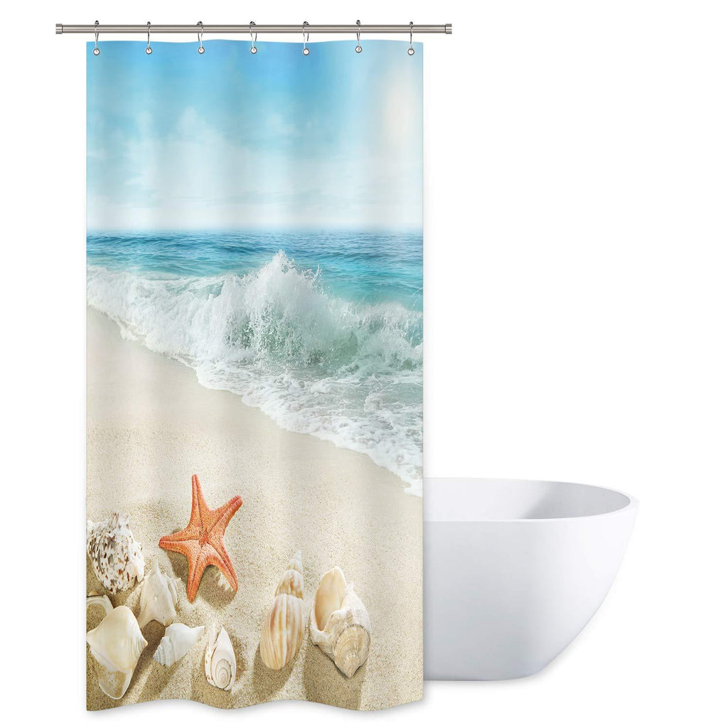 Riyidecor Stall Beach Starfish Shower Curtain 36Wx72H Inch Seashell Coastal Conch Sea Wave Rocks Island Ocean Summer Decor Fabric Polyester Waterproof Fabric 7 Pack Plastic Hooks - NewNest Australia