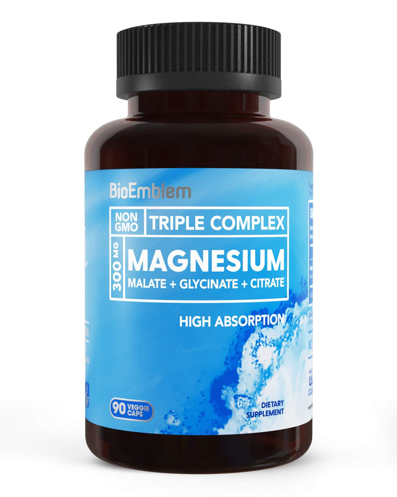 BioEmblem Triple Magnesium Complex | 300mg of Magnesium Glycinate, Malate, & Citrate for Muscle Relaxation, Sleep, Calm, & Energy | High Absorption | Vegan, Non-GMO | 90 Capsules - NewNest Australia