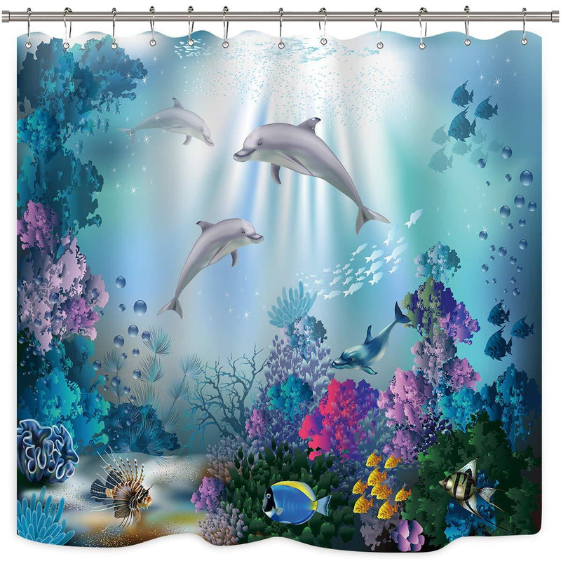 Riyidecor Dolphin Shower Curtain Underwater Algaes Coral Reefs Sunbeam Tropical Fish Marine Wildlife Ocean Animal Seabed Bathroom Decor Fabric Polyester Waterproof 72Wx72H Inch 12 Pack Plastic Hooks - NewNest Australia