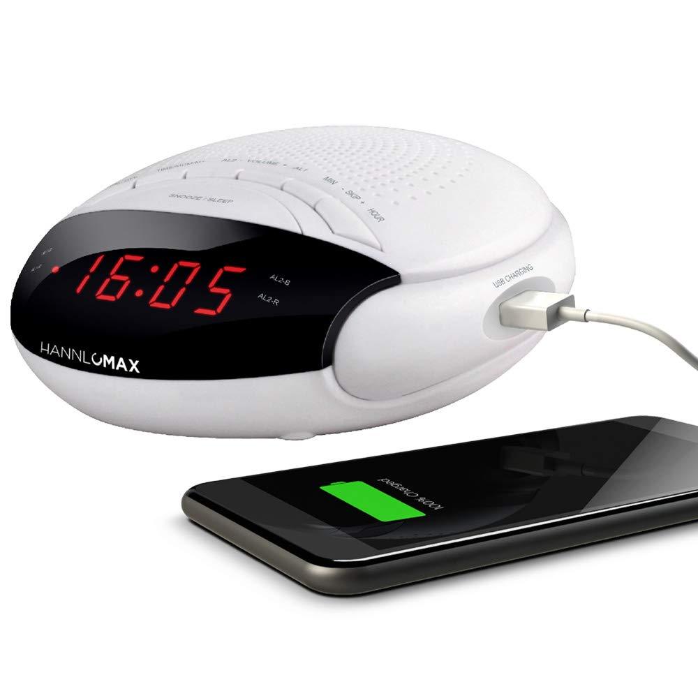 NewNest Australia - HANNLOMAX HX-200 Alarm Clock Radio, PLL FM Radio, with Preset Stations, Dual Alarm, 0.6" Red LED Display, USB Port for 1A Charging, Memory Backup, AC/DC Adaptor Included (White) 