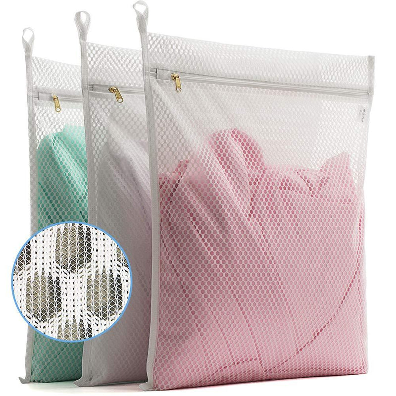 NewNest Australia - TENRAI 3 Pack (3 Large) Delicates Laundry Bags, Socks Fine Mesh Wash Bag for Underwear, Lingerie, Bra, Boxer, Use YKK Zipper, Have Hanger Loops (White, S Grade, CQS) 