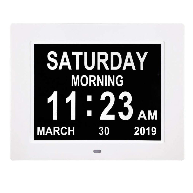 NewNest Australia - [Newest Version] Digital Calendar Day Clock with 8 Alarm Options, Extra Large Non-Abbreviated Day&Month for Seniors, Elderly, Memory Loss, Alzheimer (8-inch) White 