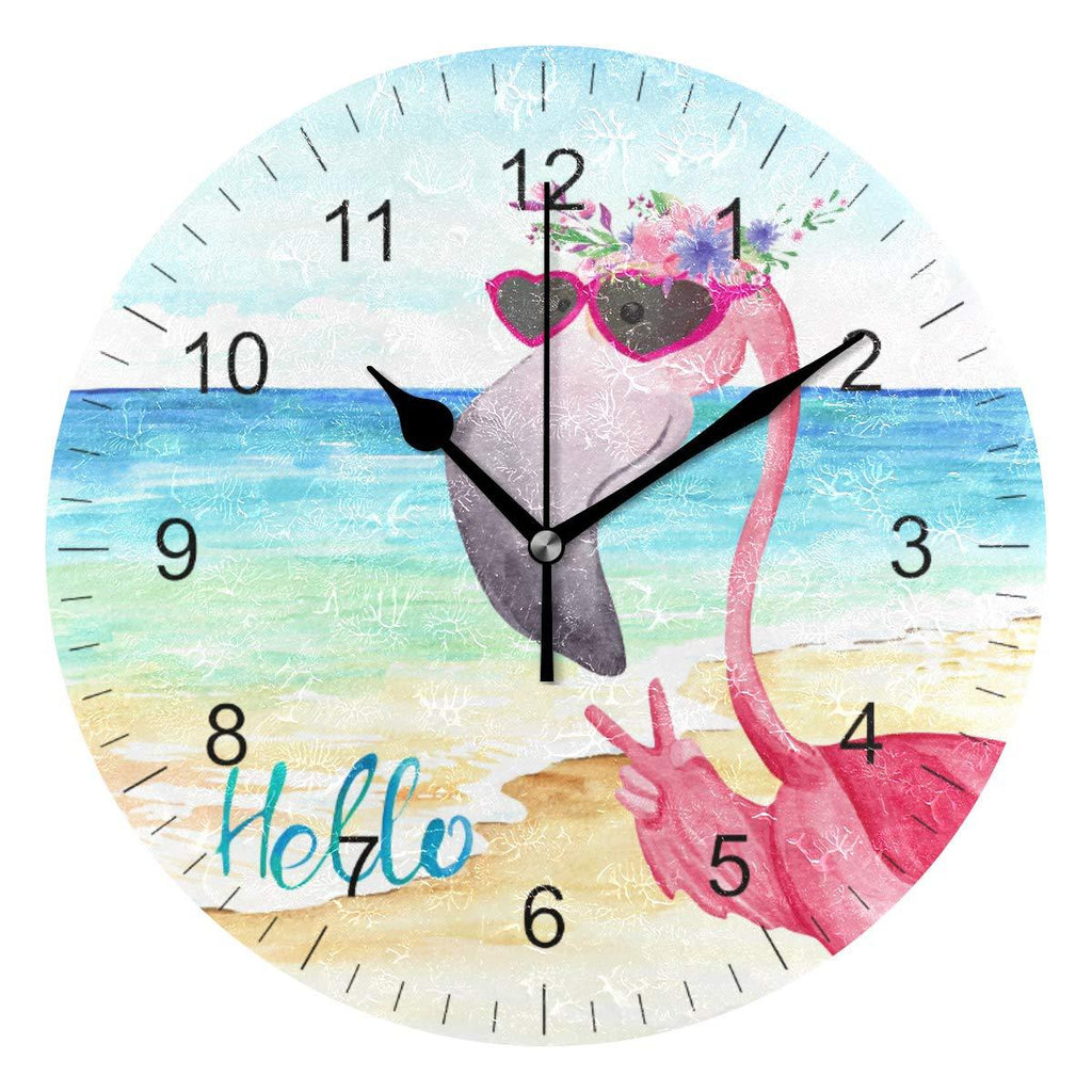 NewNest Australia - Wamika Wall Clock Pink Flamingo Beach Sea Summer Flowers Silent Non Ticking Round Clocks, Flamingos Birds Ocean Floral Clocks 10 Inch Battery Operated Quartz Quiet Desk Clock for Home Office 