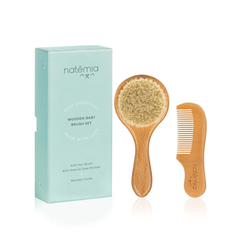 Natemia Wooden Baby Hair Brush and Comb Set for Newborns and Toddlers - Ideal for Cradle Cap Set of 2 - NewNest Australia