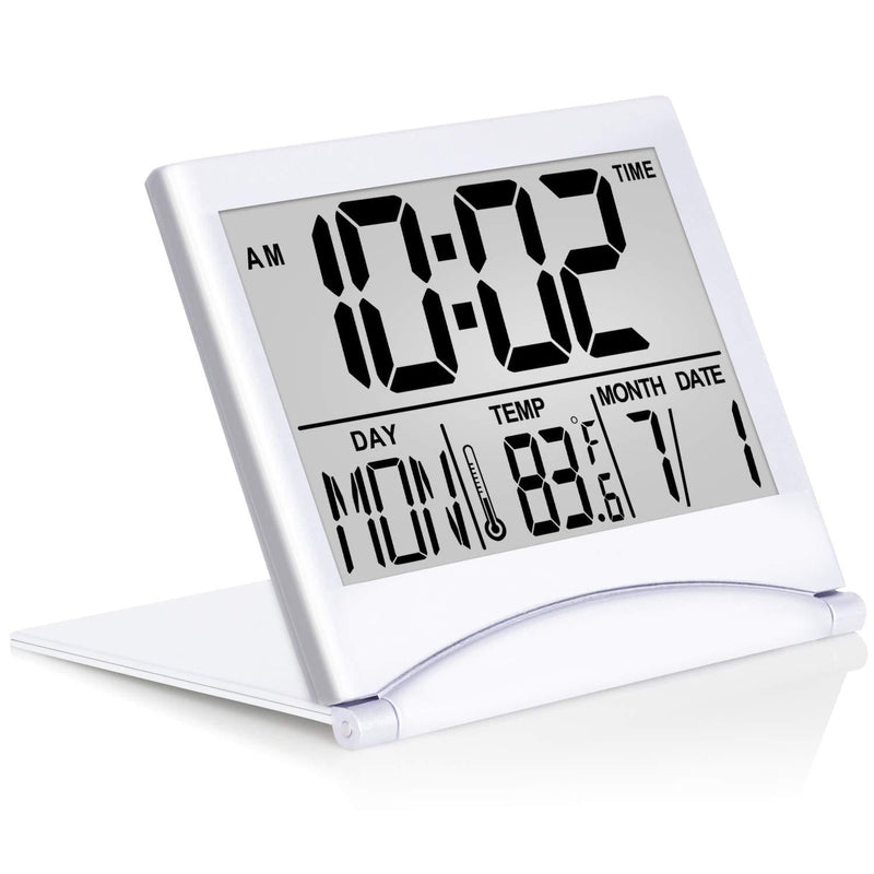 NewNest Australia - Betus Digital Travel Alarm Clock - Foldable Calendar Temperature & Timer LCD Clock with Snooze Mode - Large Number Display, Battery Operated - Compact Desk Clock for All Ages (Silver) 