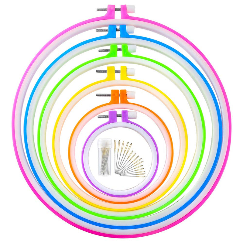 Caydo 6 Pieces Embroidery Hoops and 15 Needles, Plastic Circle Cross Stitch Hoop Ring Embroidery Circle Set, 3.4 inch to 10.4 inch (Multicolor) - NewNest Australia