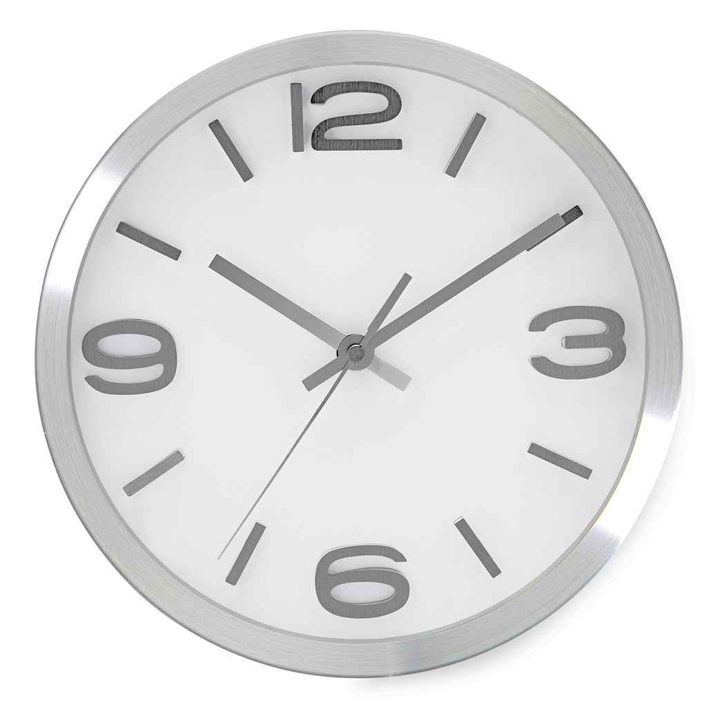 NewNest Australia - Bernhard Products Modern Wall Clock 10 Inch Silver Silent Non Ticking Battery Operated Round Elegant Metal Quality Quartz for Kitchen Home Office Clock with 3D Numbers, Easy to Read Silver & Afternoon White 